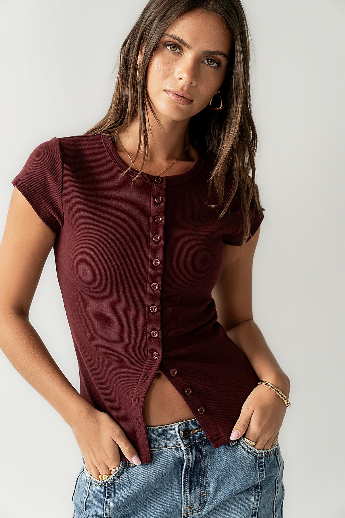 Vestia Button Up Tee in Burgundy - FINAL SALE