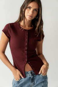 Vestia Button Up Tee in Burgundy - FINAL SALE