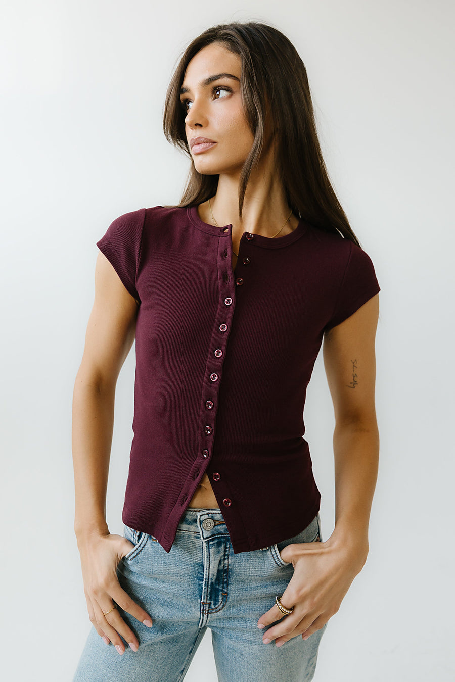 Vestia Button Up Tee in Burgundy - FINAL SALE