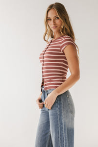 Vestia Striped Button Up Tee in Pink - FINAL SALE
