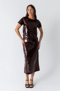 Presley Sequin Midi Skirt in Burgundy