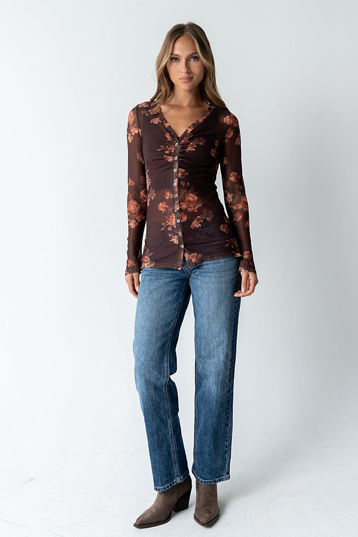 Sammy Floral Mesh Top in Brown - FINAL SALE