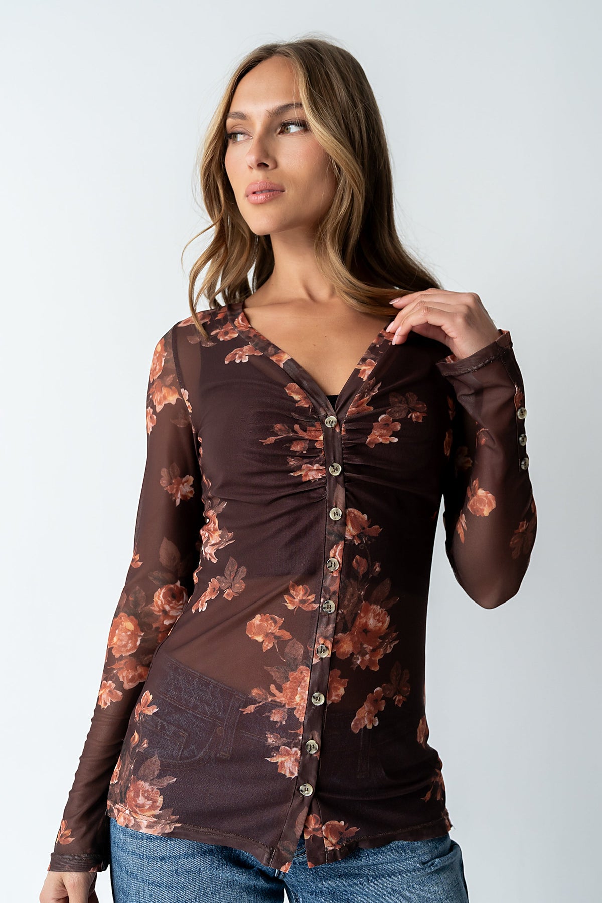 Sammy Floral Mesh Top in Brown - FINAL SALE