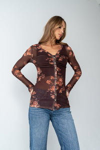 Sammy Floral Mesh Top in Brown - FINAL SALE