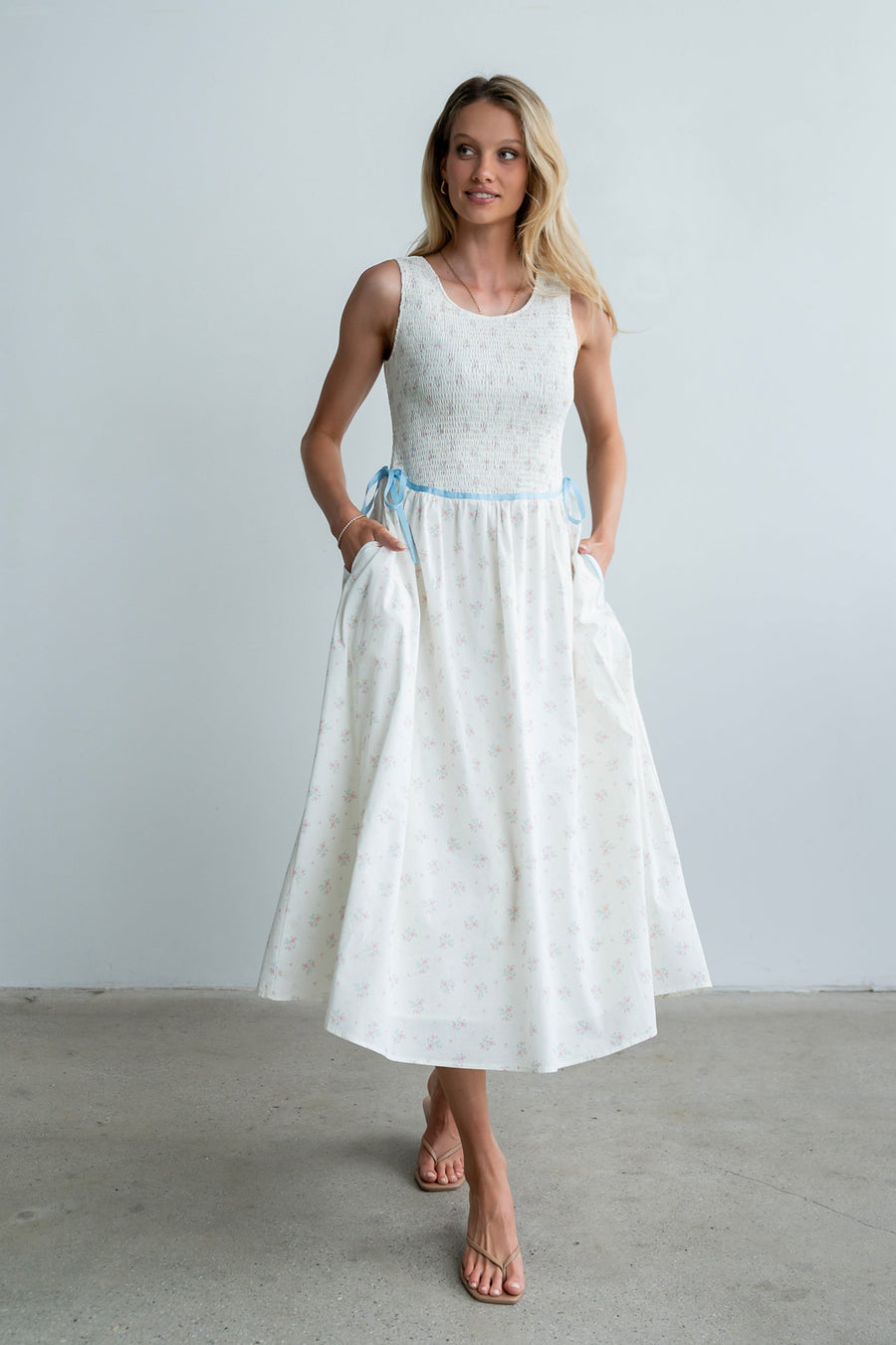 Kammie Smocked Midi Dress in Cream - FINAL SALE