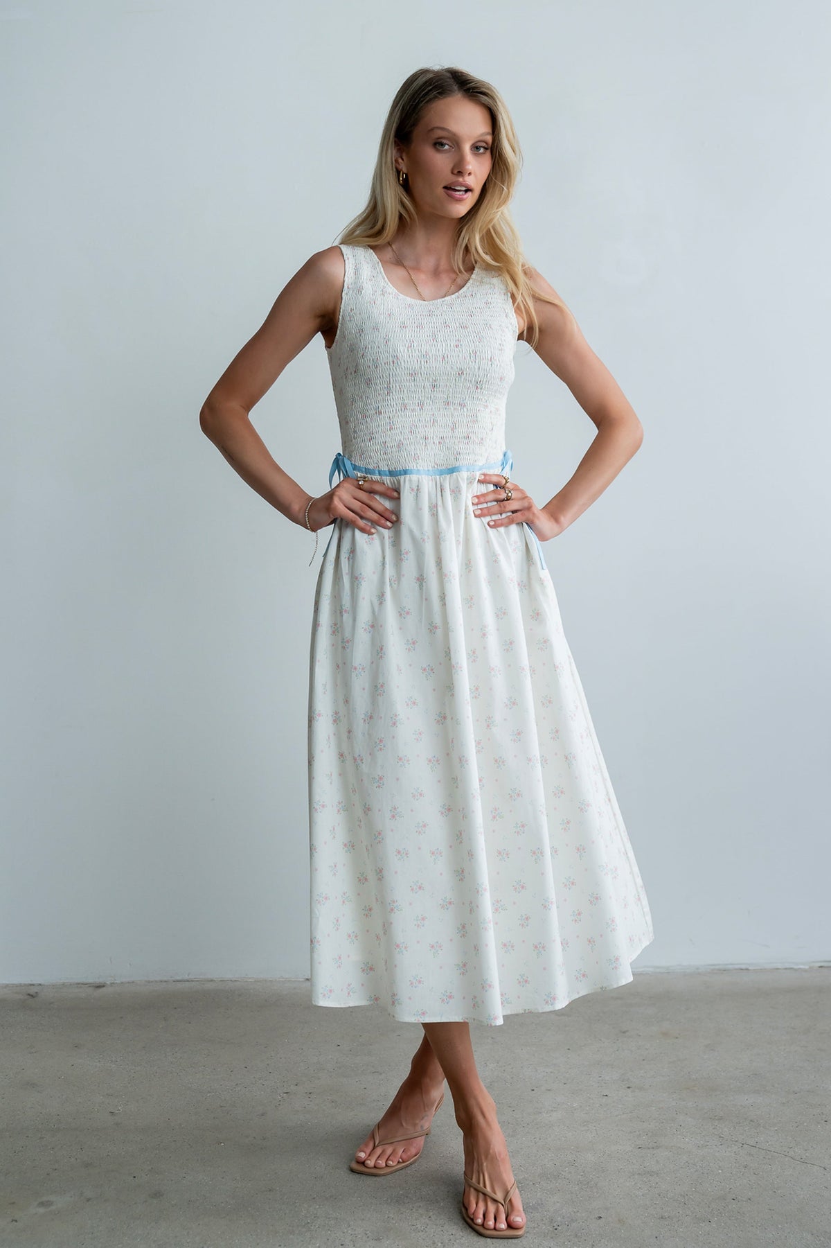 Kammie Smocked Midi Dress in Cream - FINAL SALE