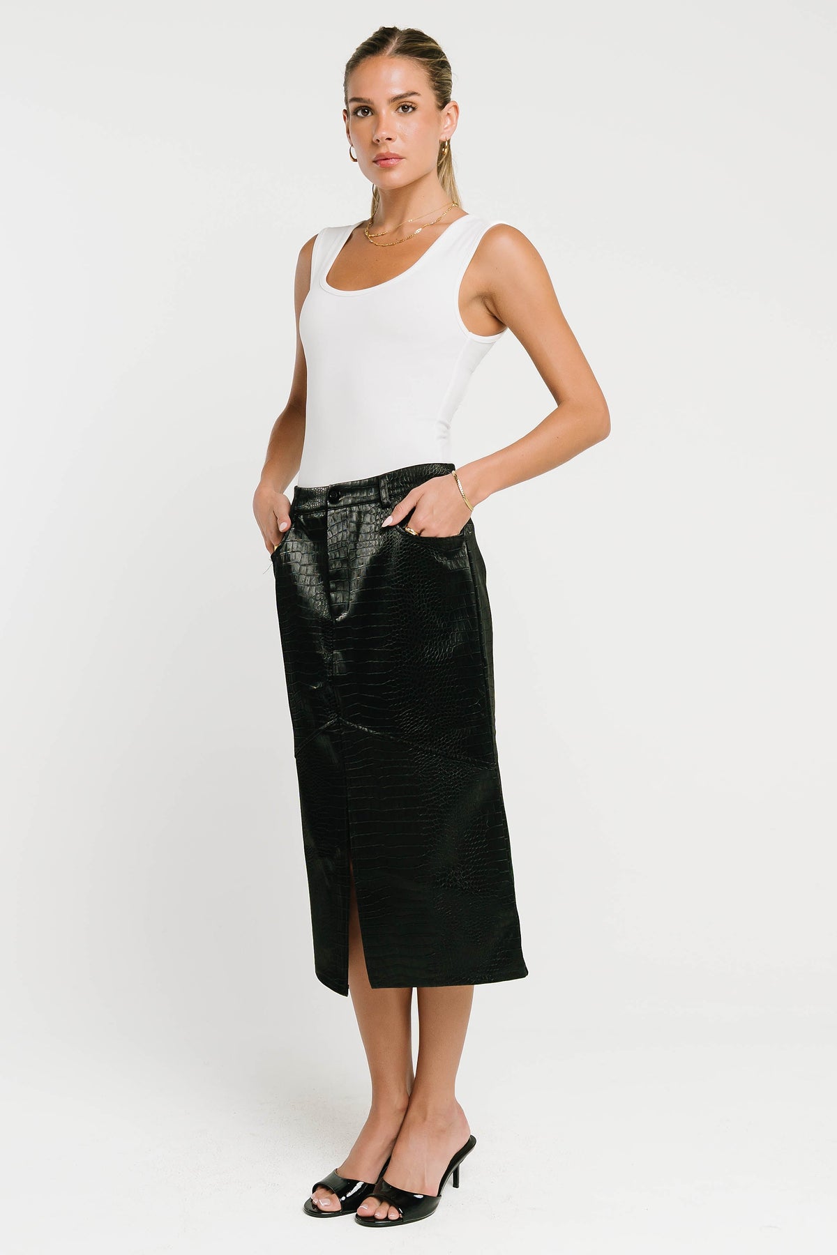 Walter Vegan Leather Midi Skirt in Black