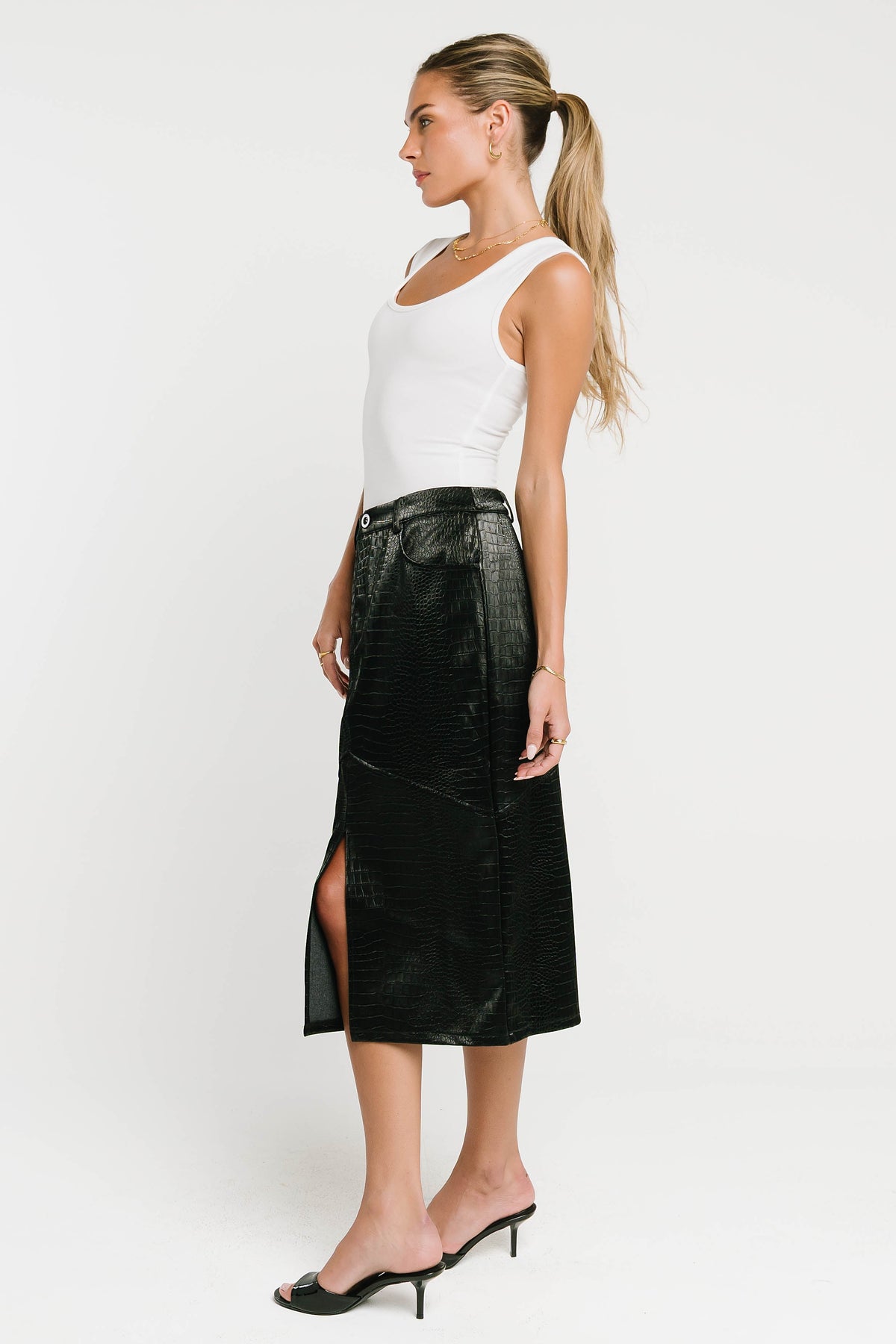 Walter Vegan Leather Midi Skirt in Black